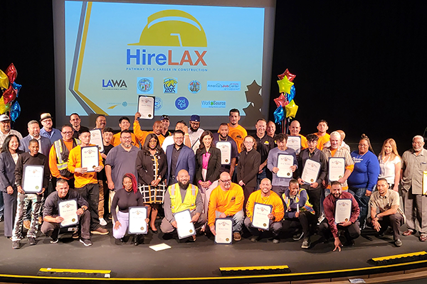 Graduates of the 2023 fall HireLAX Construction Career Training Program pose with their City of Los Angeles completion certificates at the cohort culmination ceremony on October 20, 2023