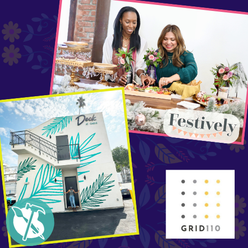 (left to right) PhePhe Rose owner of Brush Up Your Space; Patty Flores and Iris Hosea, co-founders of Festively; Grid110 logo