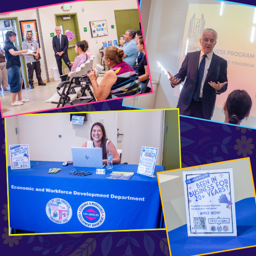 photo collage of the in-person Legacy Business Program Information Session for Council District 2 hosted by ICON CDC and Councilmember Paul Krekorian; (clockwise from bottom left) EWDD staffer Yovana Perez mans an informational table at the event; local business owners learn about the Legacy program benefits; Paul Krekorian addresses the session attendees; a flyer announcing the Legacy Business Program