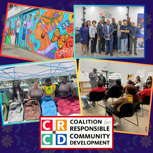 photo collage highlighting WorkSource/BusinessSource/YouthSource operator CRCD: (clockwise from bottom left) CRCD July 2024 backpack and laptop provision event; CRCD South LA building mural; CRCD Spring 2024 WorkSource event; CRCD BusinessSource entrepreneurship workshop