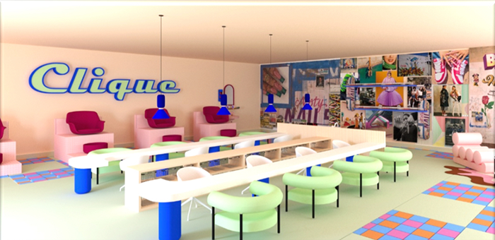 Clique Nails, Inc. store interior- featuring pedicure chairs, a manicure bar, lounge area and fashion photo wall in bright colors; photo by Veronica Lopez