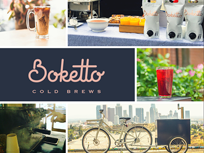 Boketto Cold Brew - (clockwise starting in upper left corner) photo collage of Boketto cold brew coffee, cold brew pouches, OMG! tea, bicycle vending cart, and a professional espresso machine