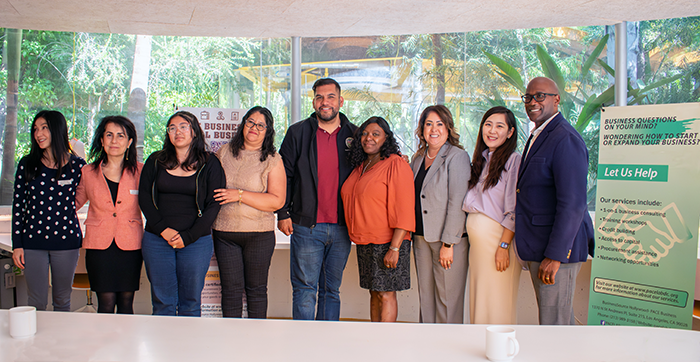 Council District 13 Councilmember Hugo Soto-Martinez (center, wearing a black jacket with the LA City Seal and a maroon polo shirt) at the Hollywood BusinessSource Center during a tour of BusinessSource, YouthSource and WorkSource Centers in CD13; EWDD General Manager Carolyn Hull, fourth from right; EWDD Assistant General Manager of Economic Development Fred Jackson, far right