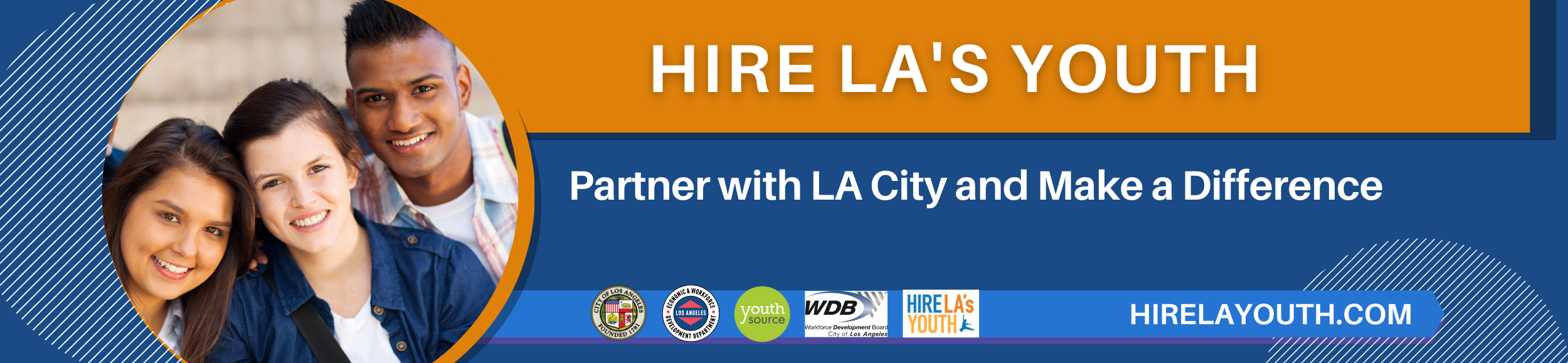 a diverse group of smiling young people representing LA's hireable youth; partnering with Los Angeles and hiring LA's Youth will make a difference to their future, the local economy and your business