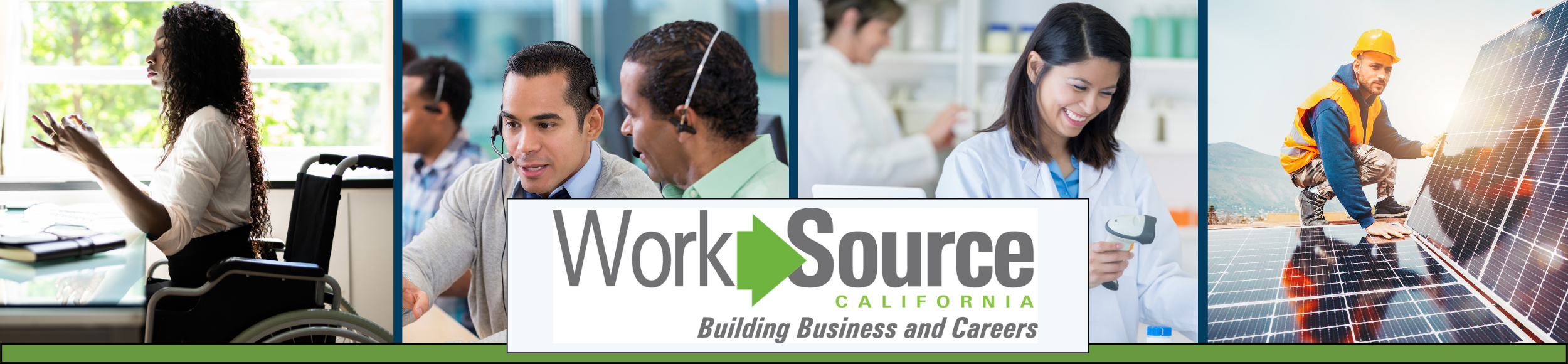 WorkSource California; pictures of four common L.A. industries (left to right) a woman in a wheelchair in an office environment, an older man training a younger man in customer service; a young woman pharmacy technician, and a young man installing solar panels