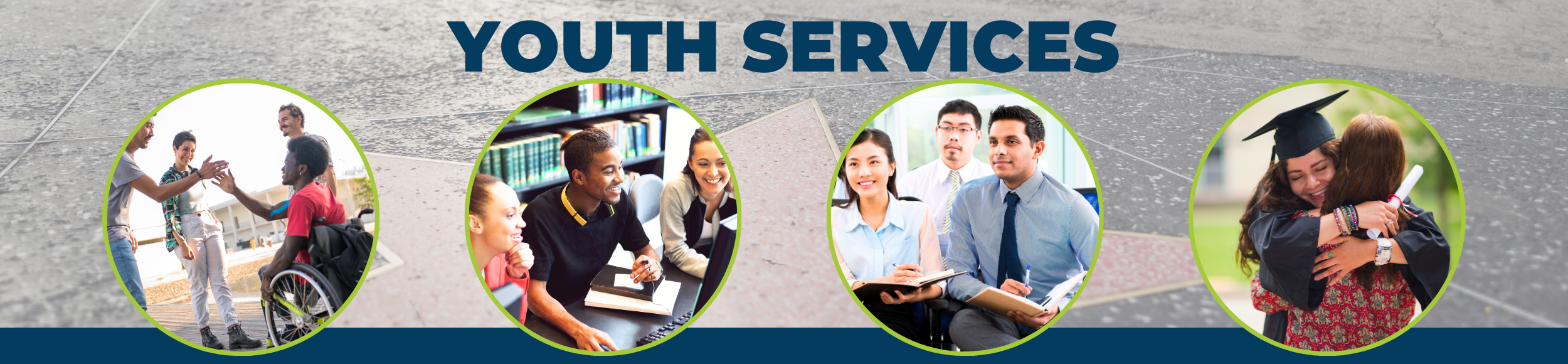 EWDD and LA City's Youth Services; images of diverse young adults socializing, learning, at an internship intake meeting, and graduating college