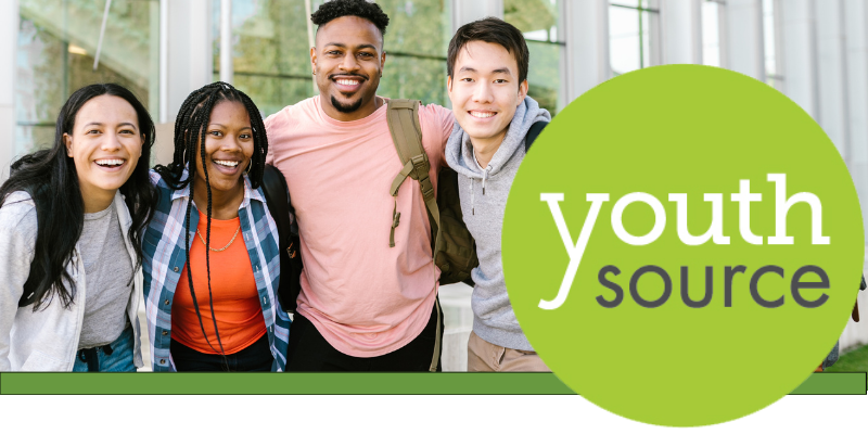 EWDD's YouthSource Program; pictured a photo of four smiling, young college students