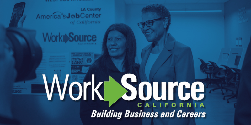 Mayor Karen Bass (right) at the West Los Angeles WorkSource center and AJCC