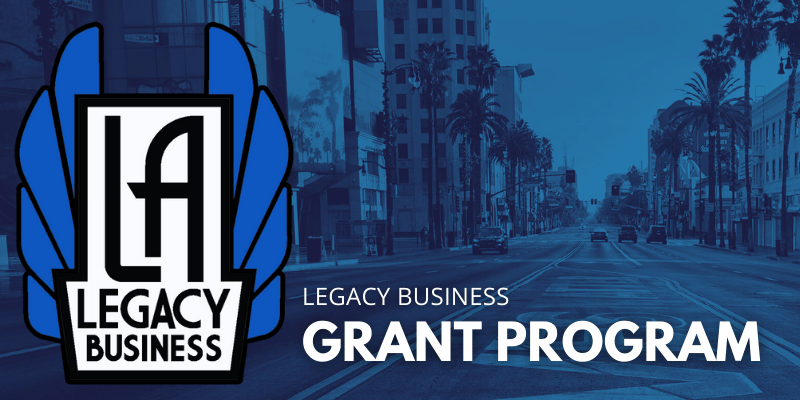 LA Legacy Business Recovery Grant Program text over a dark blue duotone image of downtown Los Angeles