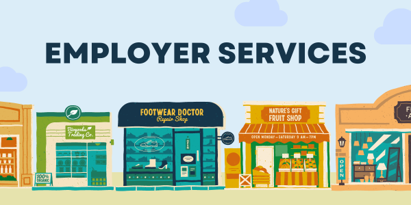 EWDD Employer Services - cartoon style illustration of a variety of storefront businesses