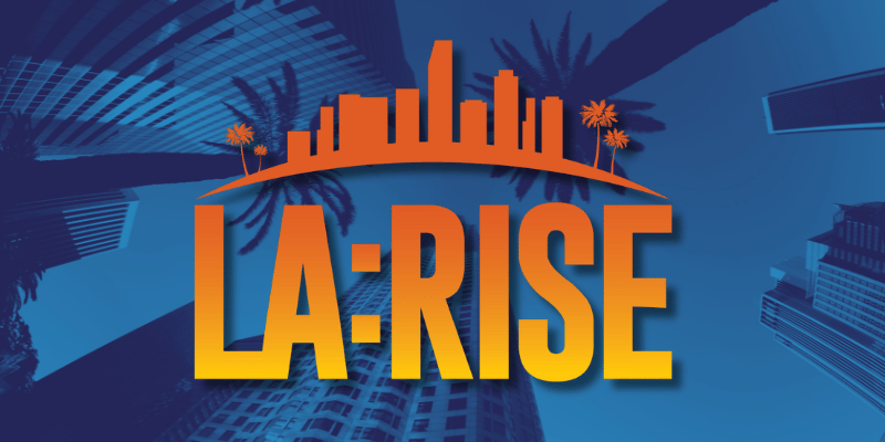 LA:RISE name shown in a gradient light yellow to dark orange