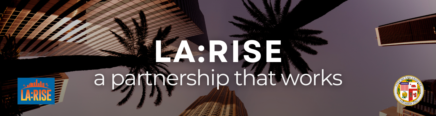 LA:RISE, a partnership that works: text overlaid on an image of the Downtown Los Angeles financial district looking up towards the sky between skyscrapers