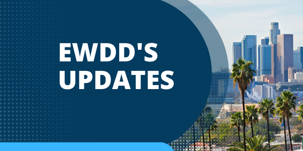 EWDD Updates featuring an image of a downtown Los Angeles cityscape