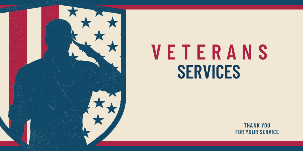 EWDD Veterans Services - illustration of a shadowed soldier saluting a shield with the American flag in navy blue, brick red on a pale cream background