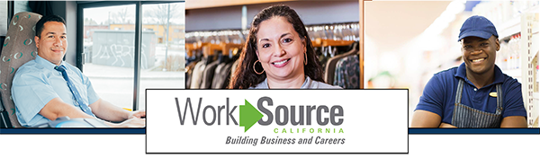 WorkSource clients, a bus driver, a retail associate and a warehouse employee with the WorkSource logo