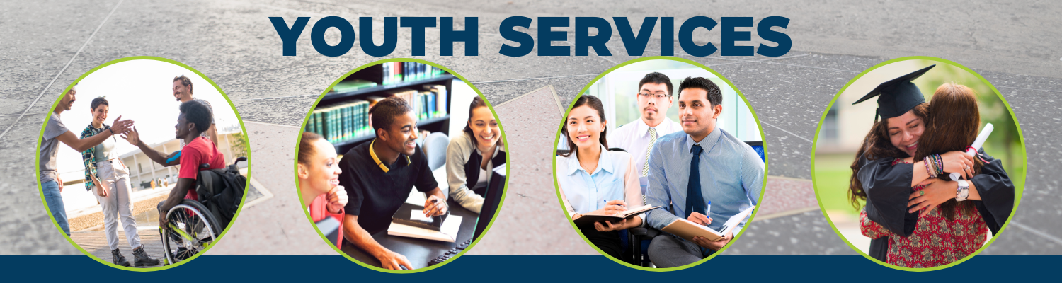 EWDD and LA City's Youth Services; images of diverse young adults socializing, learning, at an internship intake meeting, and graduating college