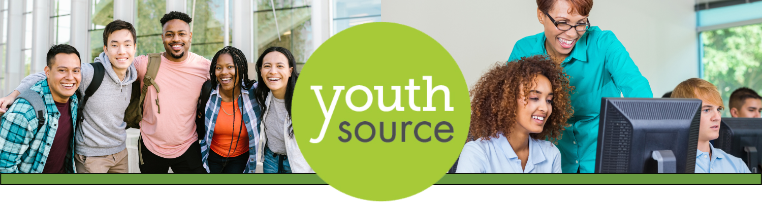 EWDD's YouthSource Program; left image of four smiling, young college students; right image of teenagers getting computer training
