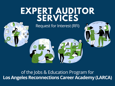Los Angeles Reconnections Career Academy (LARCA) Jobs & Education Program; navy blue and bright green illustrated vignettes of young people getting career assistance