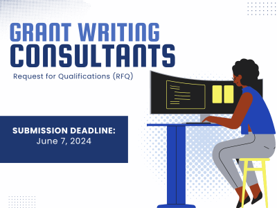 illustrated black woman wearing glasses sitting on a stool at a desk with a curved monitor using a wireless keyboard; Request for Qualifications (RFQ) for Grant Writing Consultants - proposal submission deadline June 7, 2024