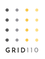 Incubator Grid110's logo: 4 by 4 vertical dots in graduating colors from dark gray to light gray to dark yellow to light yellow