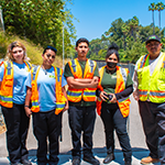 five of the 2023 participants in the LA River Rangers program through the LA Conservation Corps, including Genesis (far left) and Jennifer (second from left)
