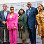 August 10, 2023 - Watts BusinessSource Center grand opening; CD15 Councilmember Tim McOsker (second from left), LA City Mayor Karen Bass (third from left), and EWDD General Manager Carolyn Hull (center)