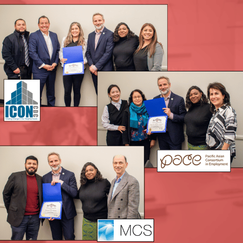 pictured top to bottom: leaders from BusinessSource operators Initiating Change in Our Neighborhoods (ICON), Pacific Asian Consortium in Employment (PACE), and Managed Career Solutions (MCS), were celebrated as the top three performing BusinessSource operators at EWDD’s 2024 Annual BusinessSource Centers and Partners Meeting